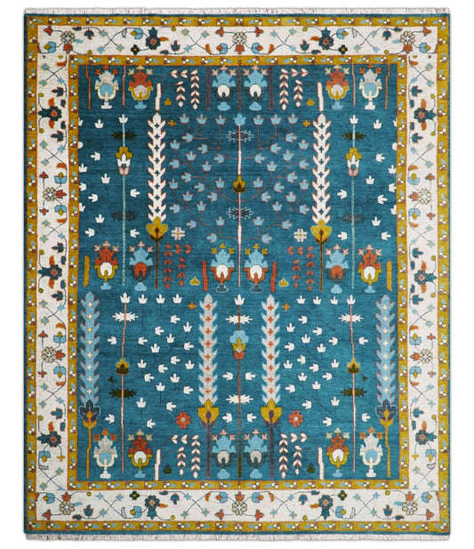 Fine Teal And Ivory Traditional Tree of life Hand Knotted Wool Rug.
