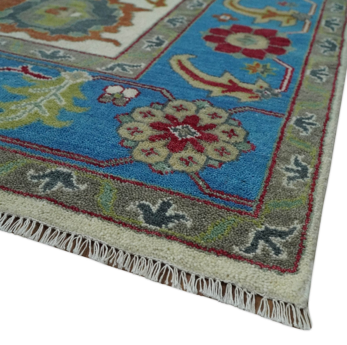 Fine Traditional Ivory and Blue Colorful Hand knotted Oushak Wool Area Rug.