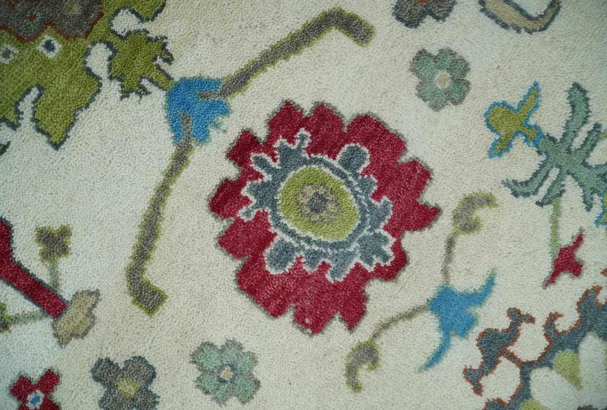 Fine Traditional Ivory and Blue Colorful Hand knotted Oushak Wool Area Rug.