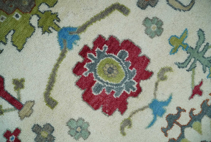 Fine Traditional Ivory and Blue Colorful Hand knotted Oushak Wool Area Rug.