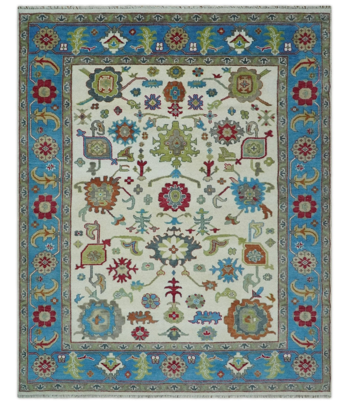 Fine Traditional Ivory and Blue Colorful Hand knotted Oushak Wool Area Rug.
