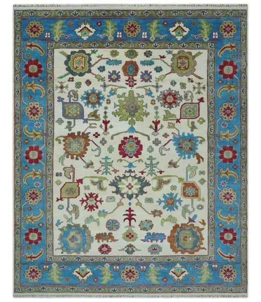 Fine Traditional Ivory and Blue Colorful Hand knotted Oushak Wool Area Rug.