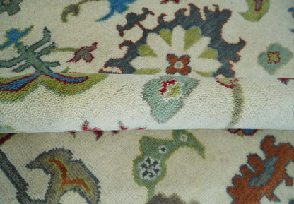 Fine Traditional Ivory and Blue Colorful Hand knotted Oushak Wool Area Rug.