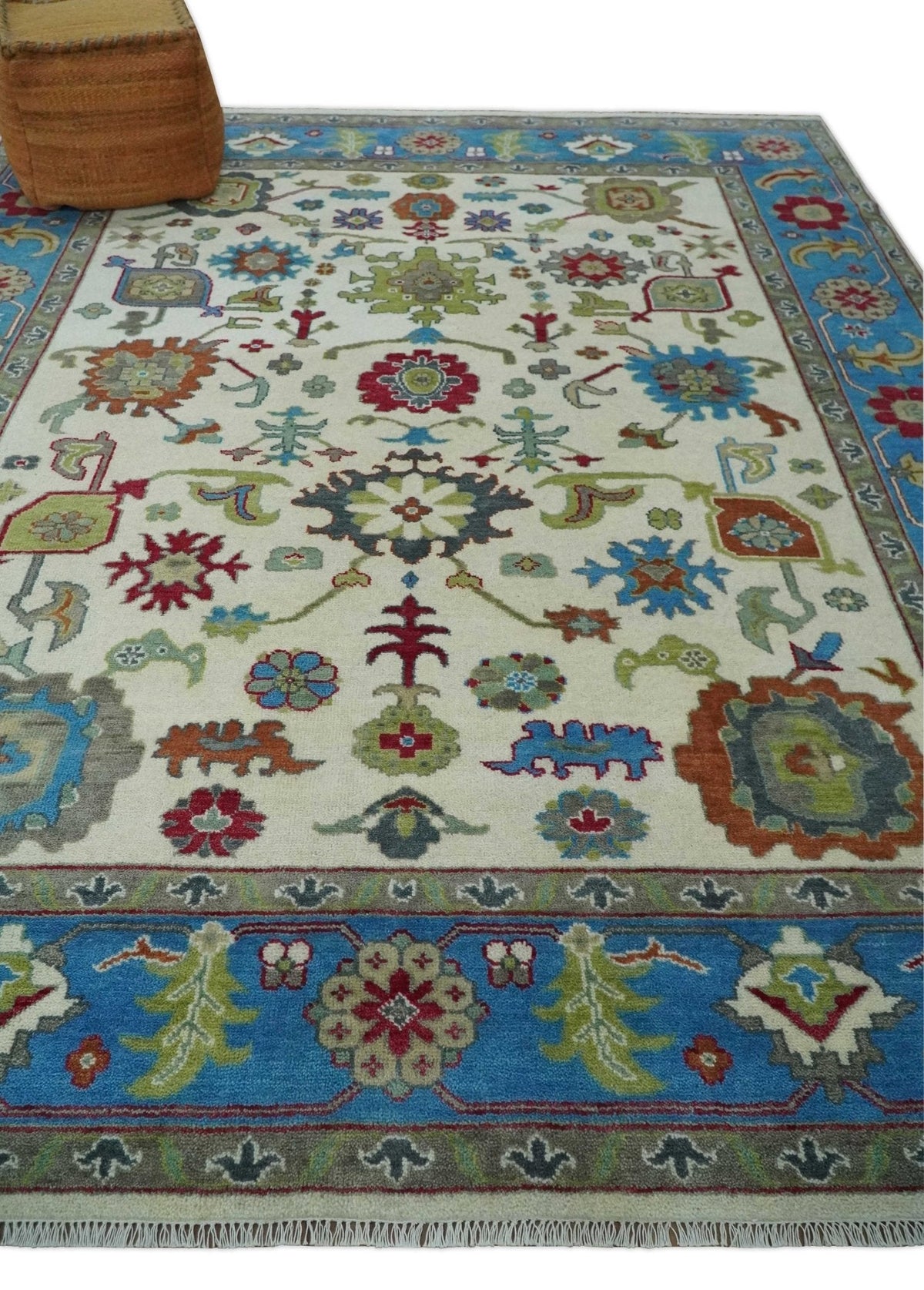 Fine Traditional Ivory and Blue Colorful Hand knotted Oushak Wool Area Rug.