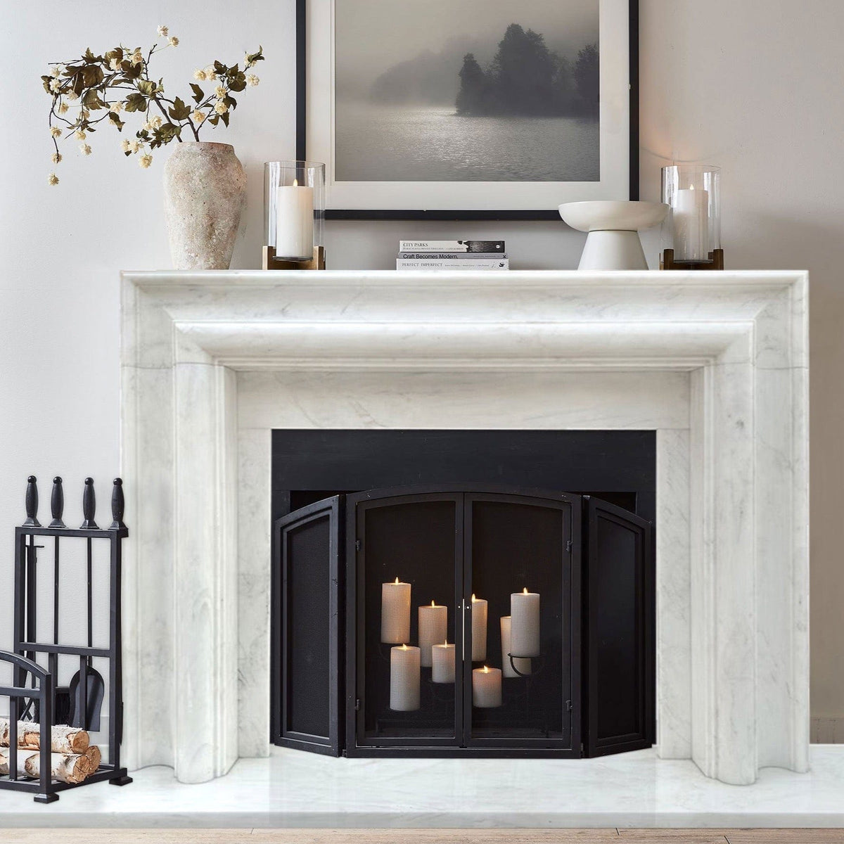 Villohome | Online Flooring Shop Fireplaces Marble / (W)14" (L)67" (H)69" / Polished Carrara White Marble Hand-carved Fireplace Mantel Polished (W)14" (L)67" (H)69" Carrara White Marble Hand-carved Fireplace Mantel Polished (W)14" (L)67" (H)69"