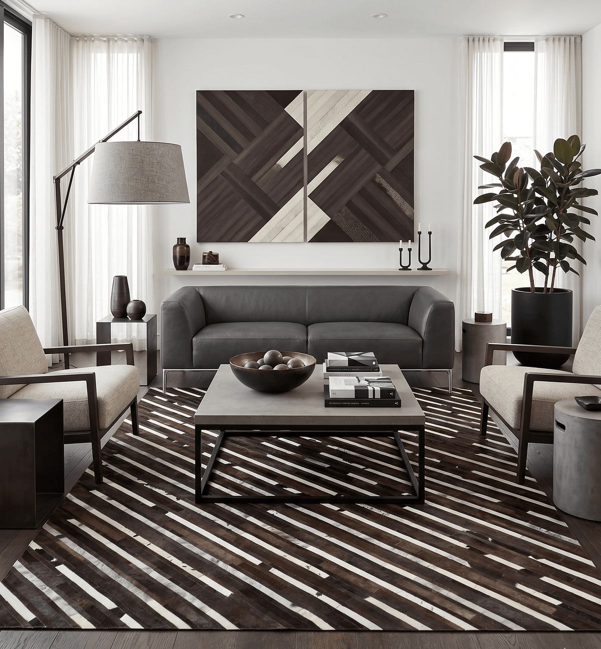 Flatweave Hairon Genuine Leather 5x8, 8x10 and 9x12 Brown Tan and Ivory Area Rug.