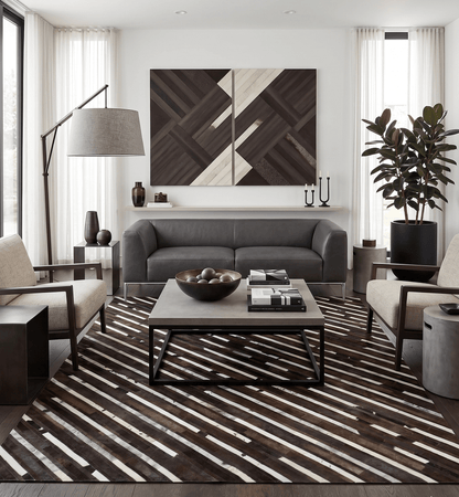 Flatweave Hairon Genuine Leather 5x8, 8x10 and 9x12 Brown Tan and Ivory Area Rug.
