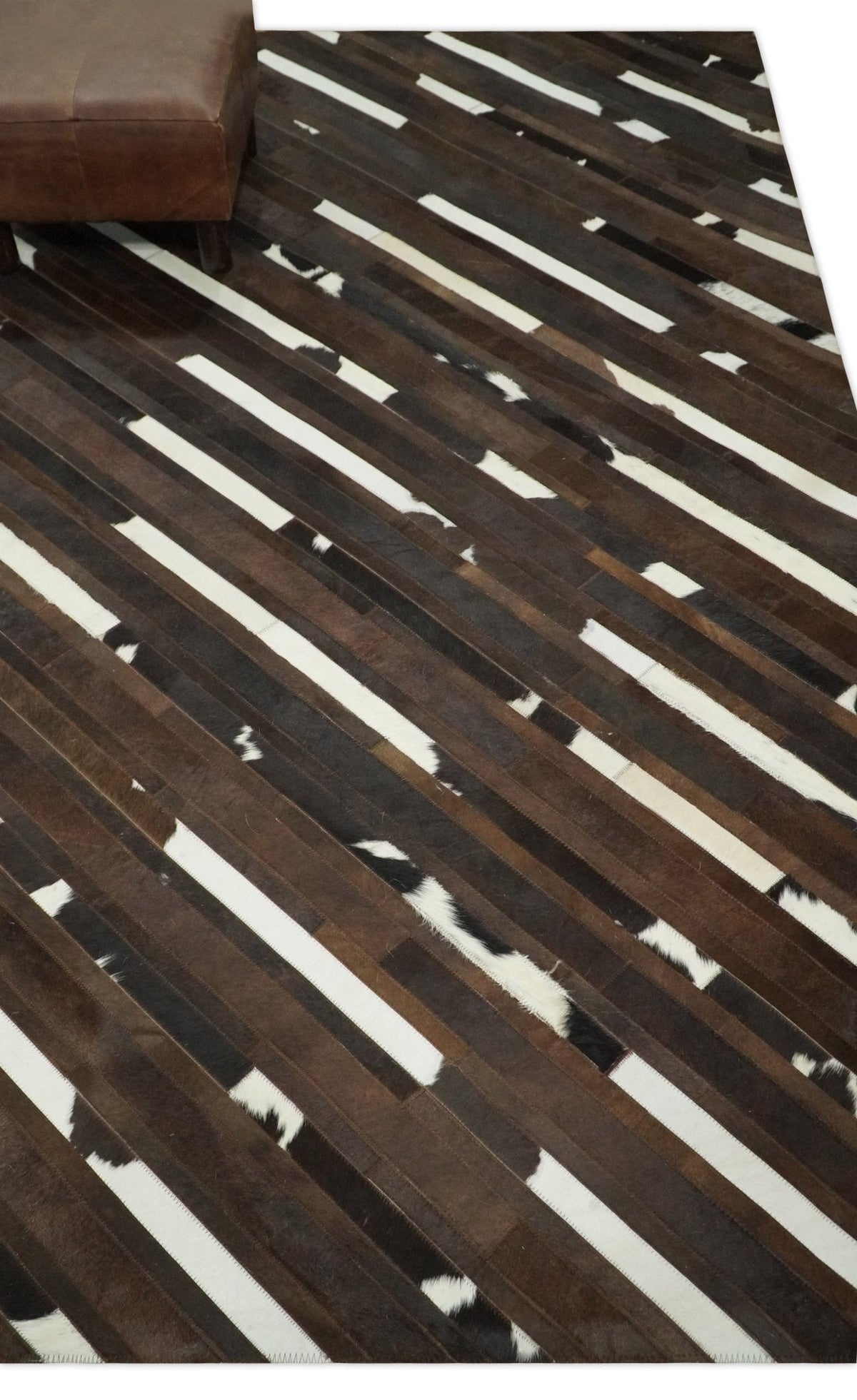 Flatweave Hairon Genuine Leather 5x8, 8x10 and 9x12 Brown Tan and Ivory Area Rug.