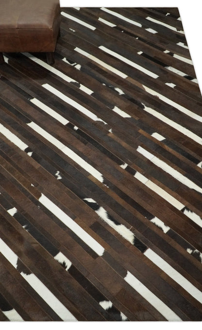 Flatweave Hairon Genuine Leather 5x8, 8x10 and 9x12 Brown Tan and Ivory Area Rug.