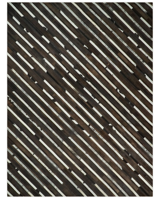 Flatweave Hairon Genuine Leather 5x8, 8x10 and 9x12 Brown Tan and Ivory Area Rug.