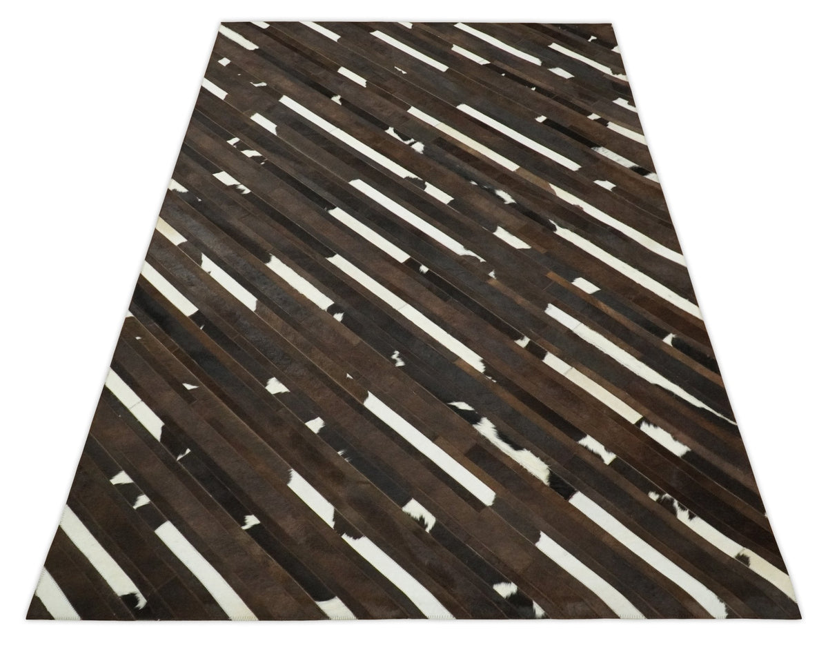 Flatweave Hairon Genuine Leather 5x8, 8x10 and 9x12 Brown Tan and Ivory Area Rug.