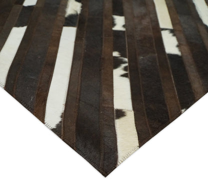 Flatweave Hairon Genuine Leather 5x8, 8x10 and 9x12 Brown Tan and Ivory Area Rug.
