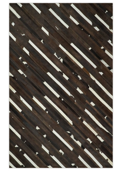 Flatweave Hairon Genuine Leather 5x8, 8x10 and 9x12 Brown Tan and Ivory Area Rug.