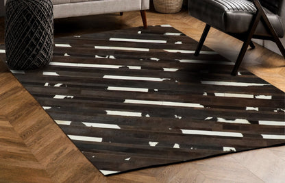 Flatweave Hairon Genuine Leather 5x8, 8x10 and 9x12 Brown Tan and Ivory Area Rug.