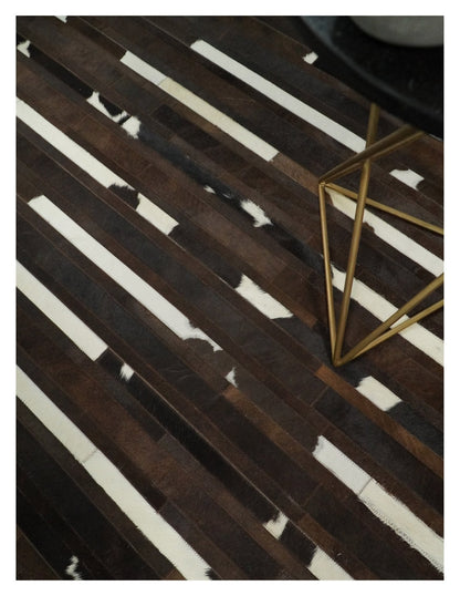Flatweave Hairon Genuine Leather 5x8, 8x10 and 9x12 Brown Tan and Ivory Area Rug.