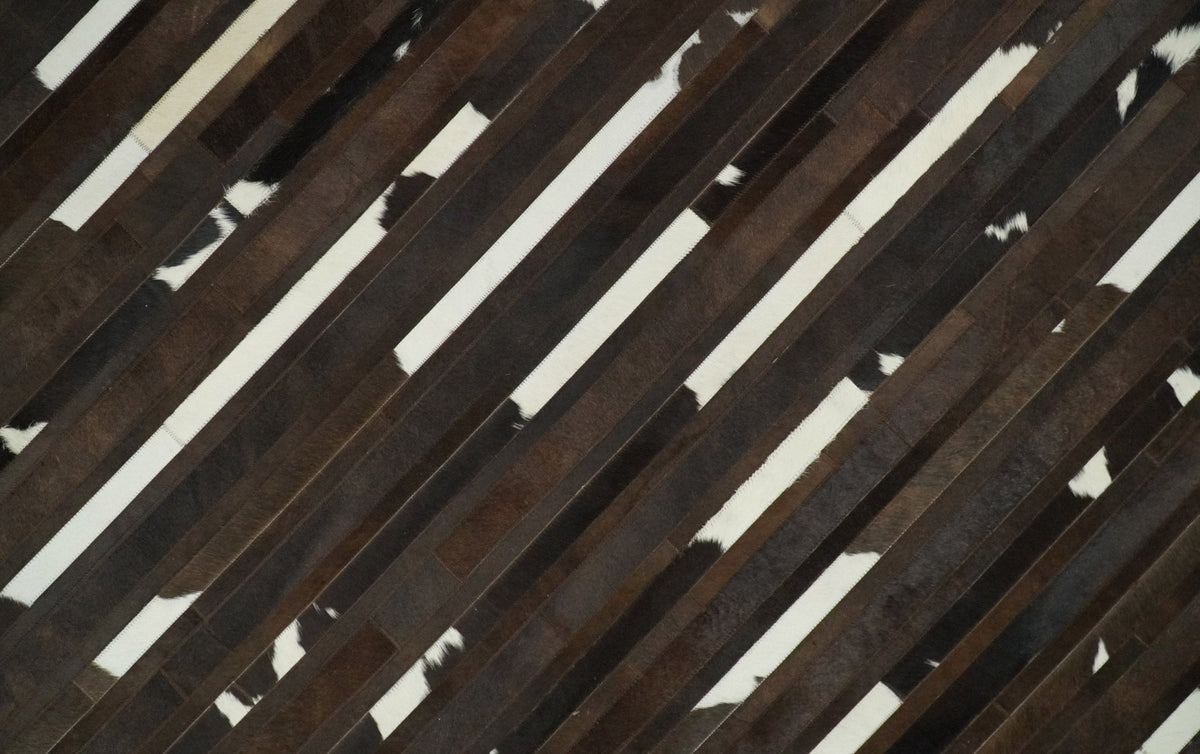 Flatweave Hairon Genuine Leather 5x8, 8x10 and 9x12 Brown Tan and Ivory Area Rug.