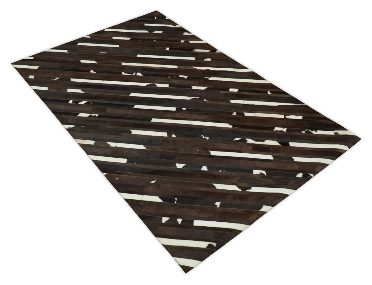 Flatweave Hairon Genuine Leather 5x8, 8x10 and 9x12 Brown Tan and Ivory Area Rug.