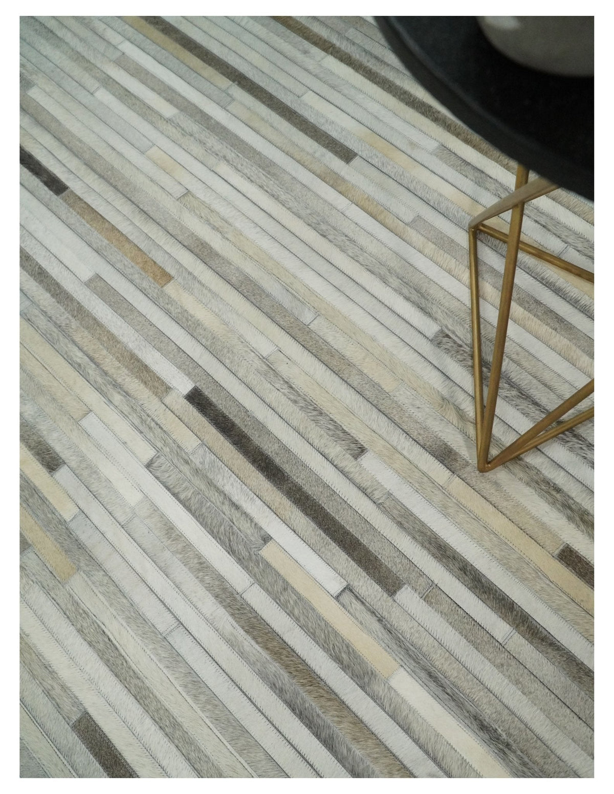Flatweave Hairon Genuine Leather Stripe Design Beige and Ivory Area Rug.