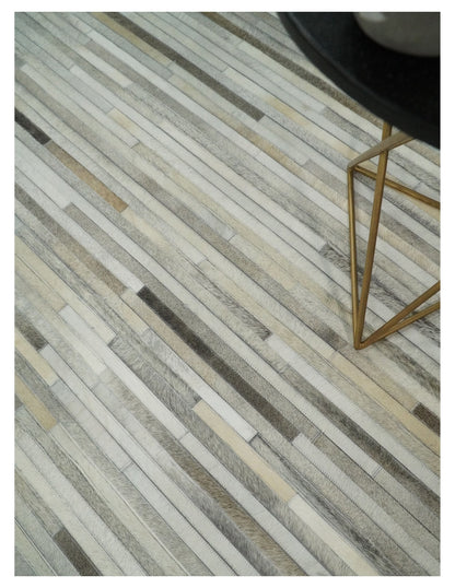 Flatweave Hairon Genuine Leather Stripe Design Beige and Ivory Area Rug.