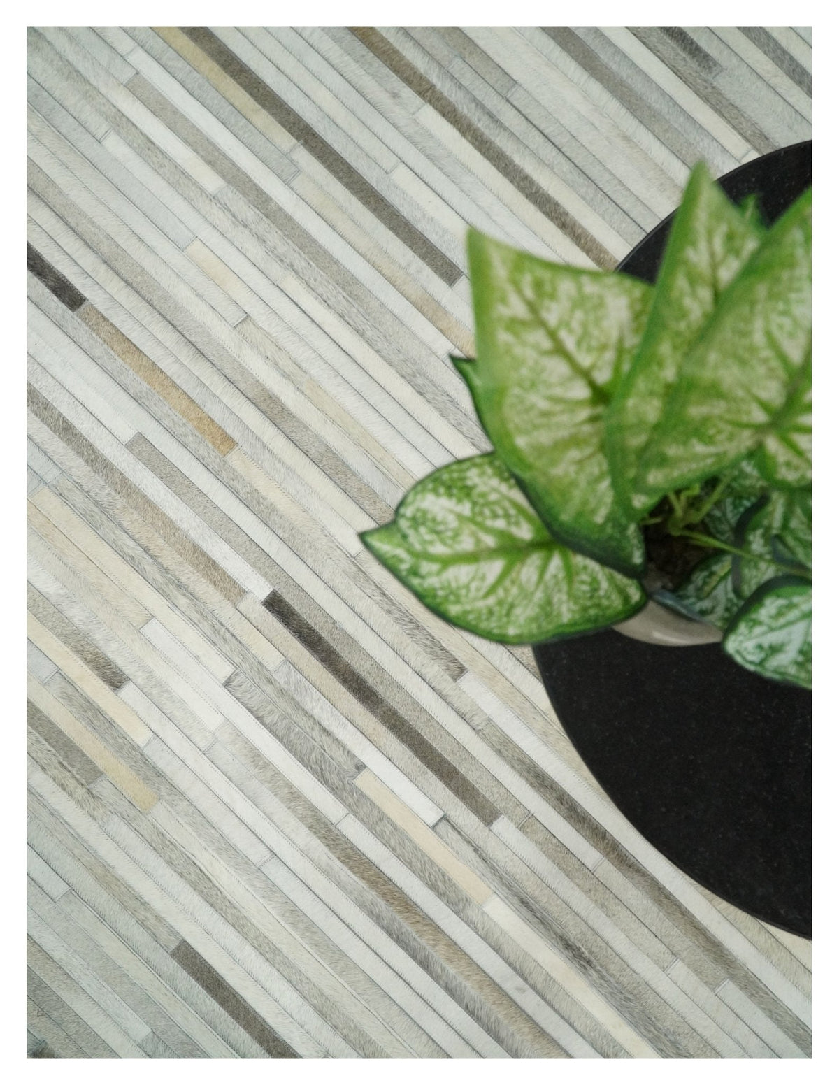 Flatweave Hairon Genuine Leather Stripe Design Beige and Ivory Area Rug.