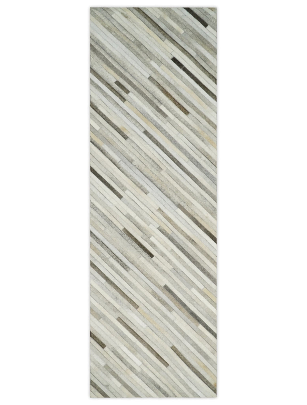 Flatweave Hairon Genuine Leather Stripe Design Beige and Ivory Area Rug.