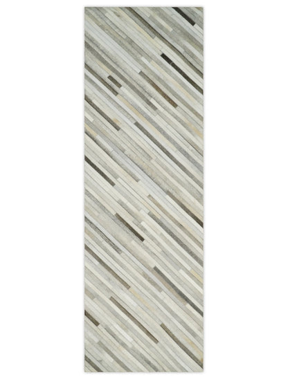 Flatweave Hairon Genuine Leather Stripe Design Beige and Ivory Area Rug.