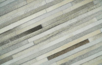 Flatweave Hairon Genuine Leather Stripe Design Beige and Ivory Area Rug.