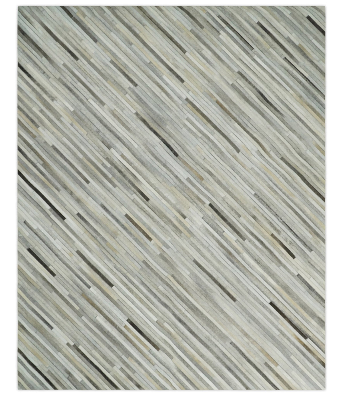 Flatweave Hairon Genuine Leather Stripe Design Beige and Ivory Area Rug.