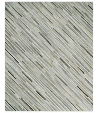 Flatweave Hairon Genuine Leather Stripe Design Beige and Ivory Area Rug.