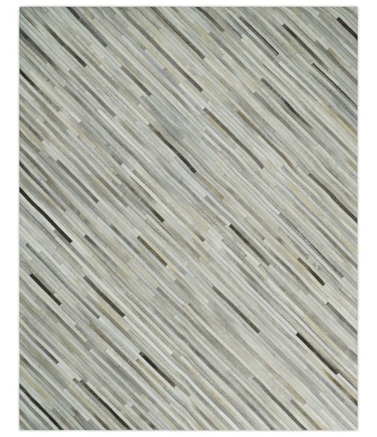 Flatweave Hairon Genuine Leather Stripe Design Beige and Ivory Area Rug.