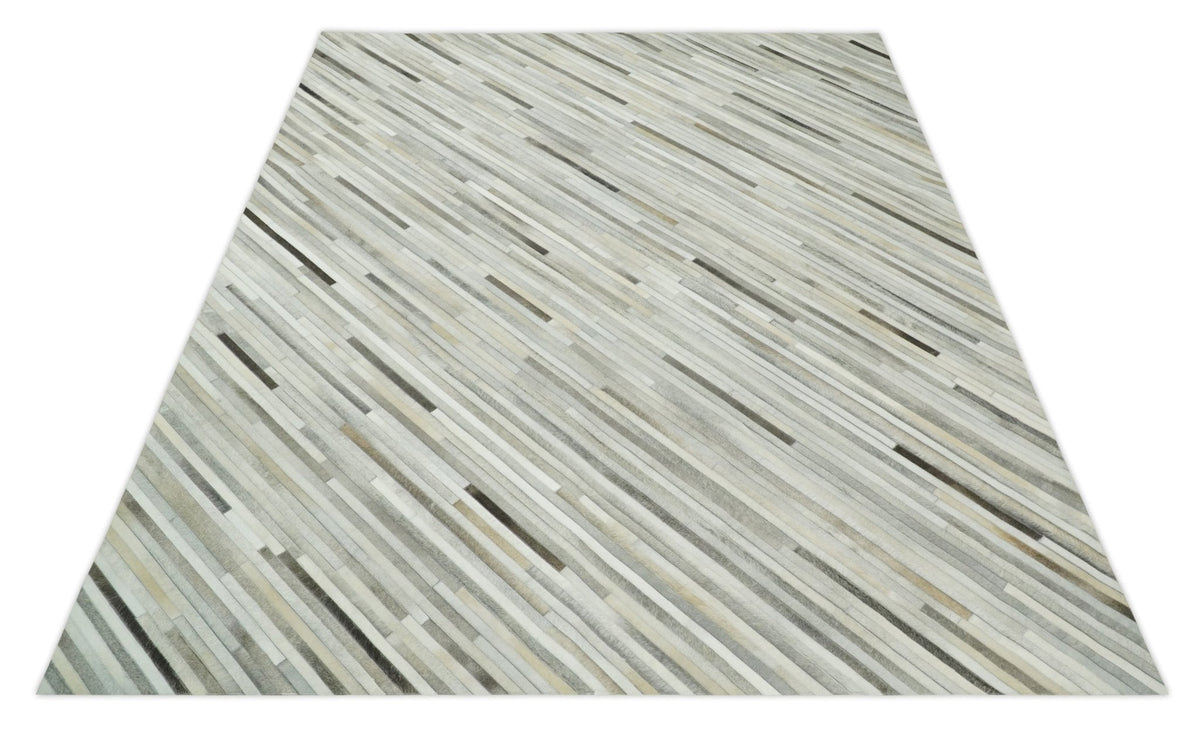 Flatweave Hairon Genuine Leather Stripe Design Beige and Ivory Area Rug.