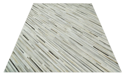 Flatweave Hairon Genuine Leather Stripe Design Beige and Ivory Area Rug.