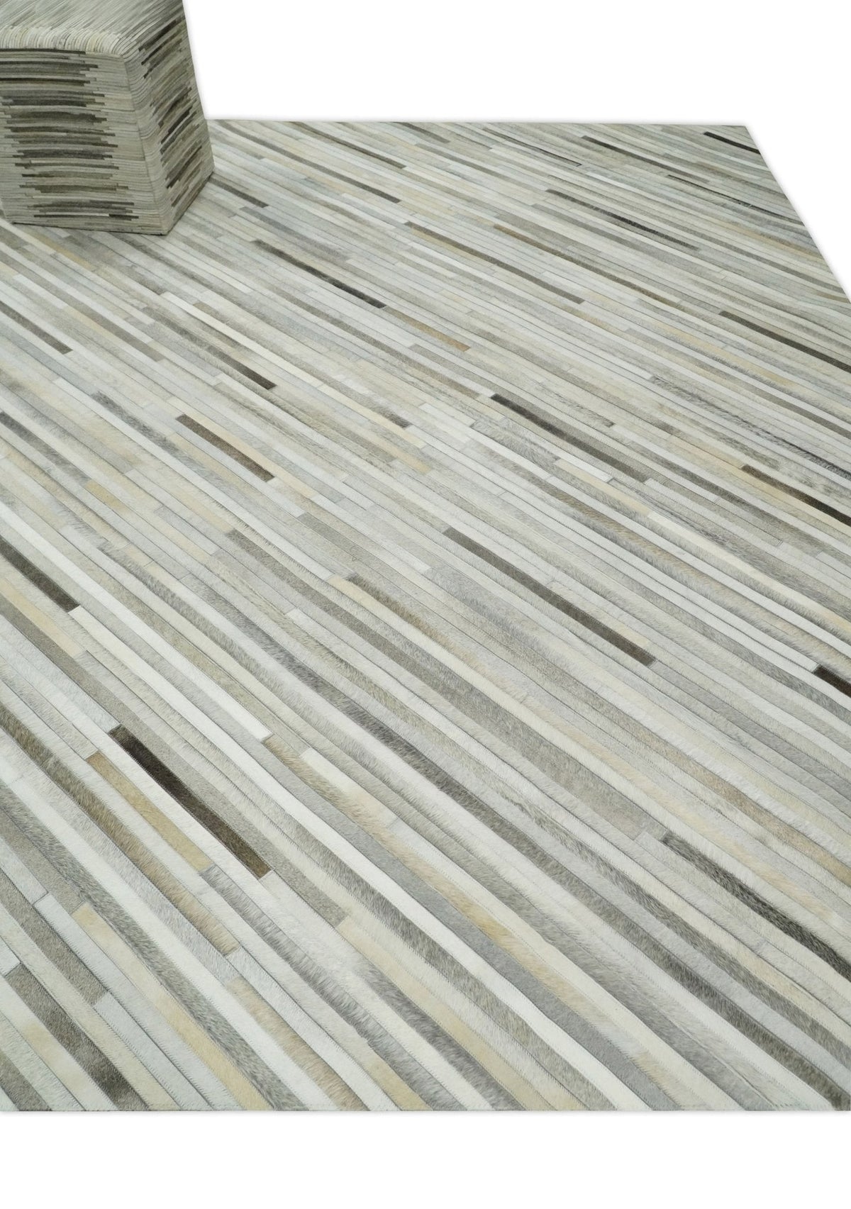 Flatweave Hairon Genuine Leather Stripe Design Beige and Ivory Area Rug.