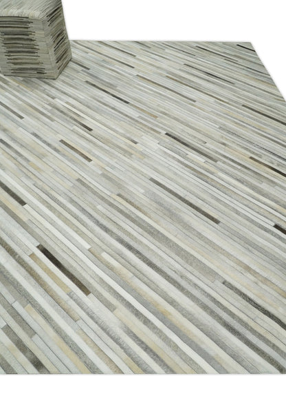 Flatweave Hairon Genuine Leather Stripe Design Beige and Ivory Area Rug.