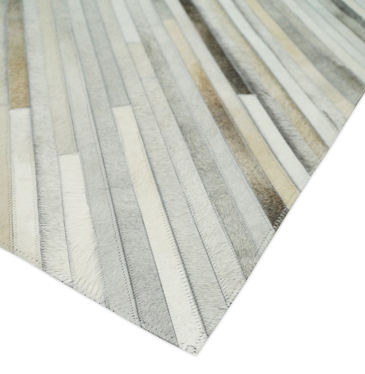 Flatweave Hairon Genuine Leather Stripe Design Beige and Ivory Area Rug.