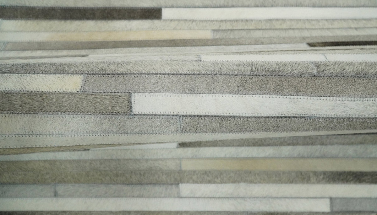 Flatweave Hairon Genuine Leather Stripe Design Beige and Ivory Area Rug.