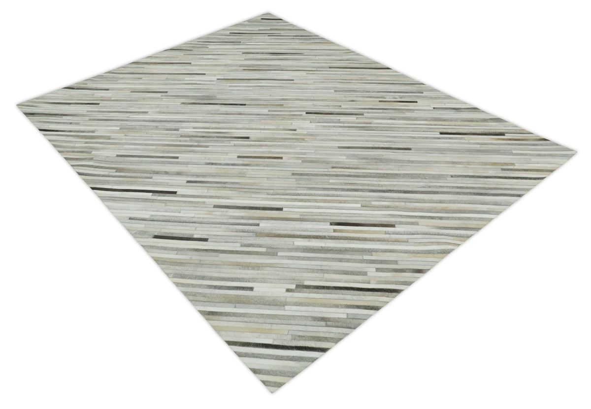 Flatweave Hairon Genuine Leather Stripe Design Beige and Ivory Area Rug.