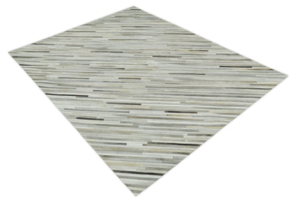 Flatweave Hairon Genuine Leather Stripe Design Beige and Ivory Area Rug.