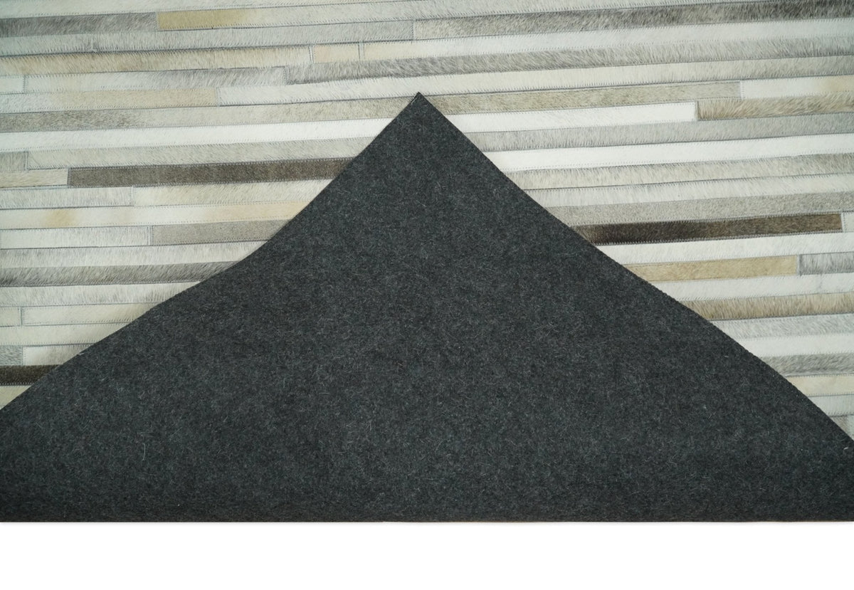 Flatweave Hairon Genuine Leather Stripe Design Beige and Ivory Area Rug.