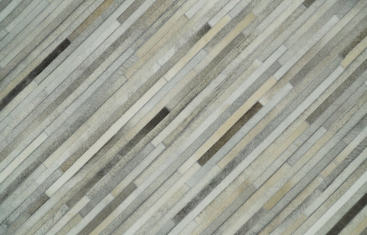 Flatweave Hairon Genuine Leather Stripe Design Beige and Ivory Area Rug.