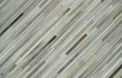 Flatweave Hairon Genuine Leather Stripe Design Beige and Ivory Area Rug.