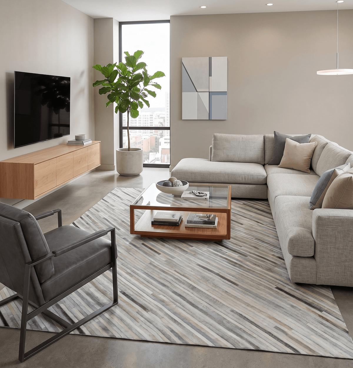 Flatweave Hairon Genuine Leather Stripe Design Beige and Ivory Area Rug.