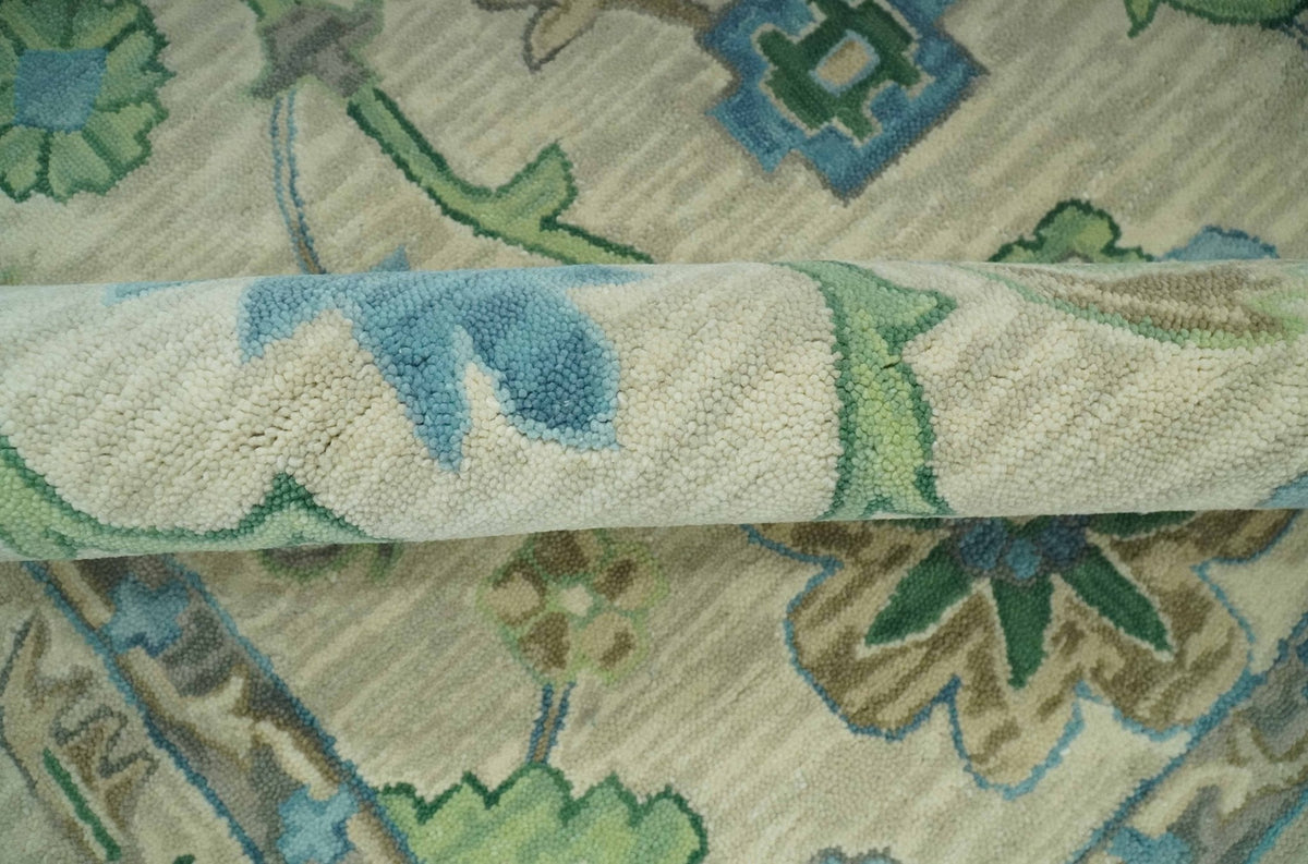 Floral Beige, Gray, Blue and Green Oriental Oushak Hand Tufted Custom Made wool Area rug.