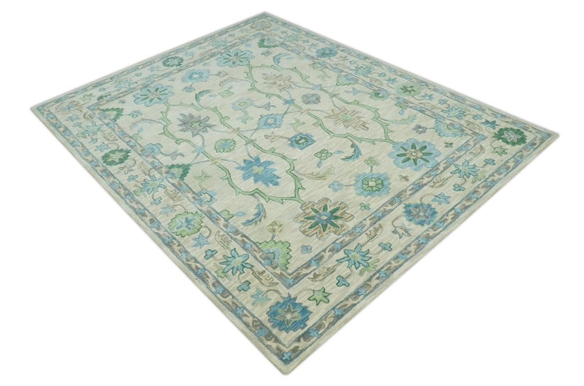 Floral Beige, Gray, Blue and Green Oriental Oushak Hand Tufted Custom Made wool Area rug.