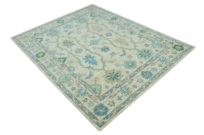Floral Beige, Gray, Blue and Green Oriental Oushak Hand Tufted Custom Made wool Area rug.