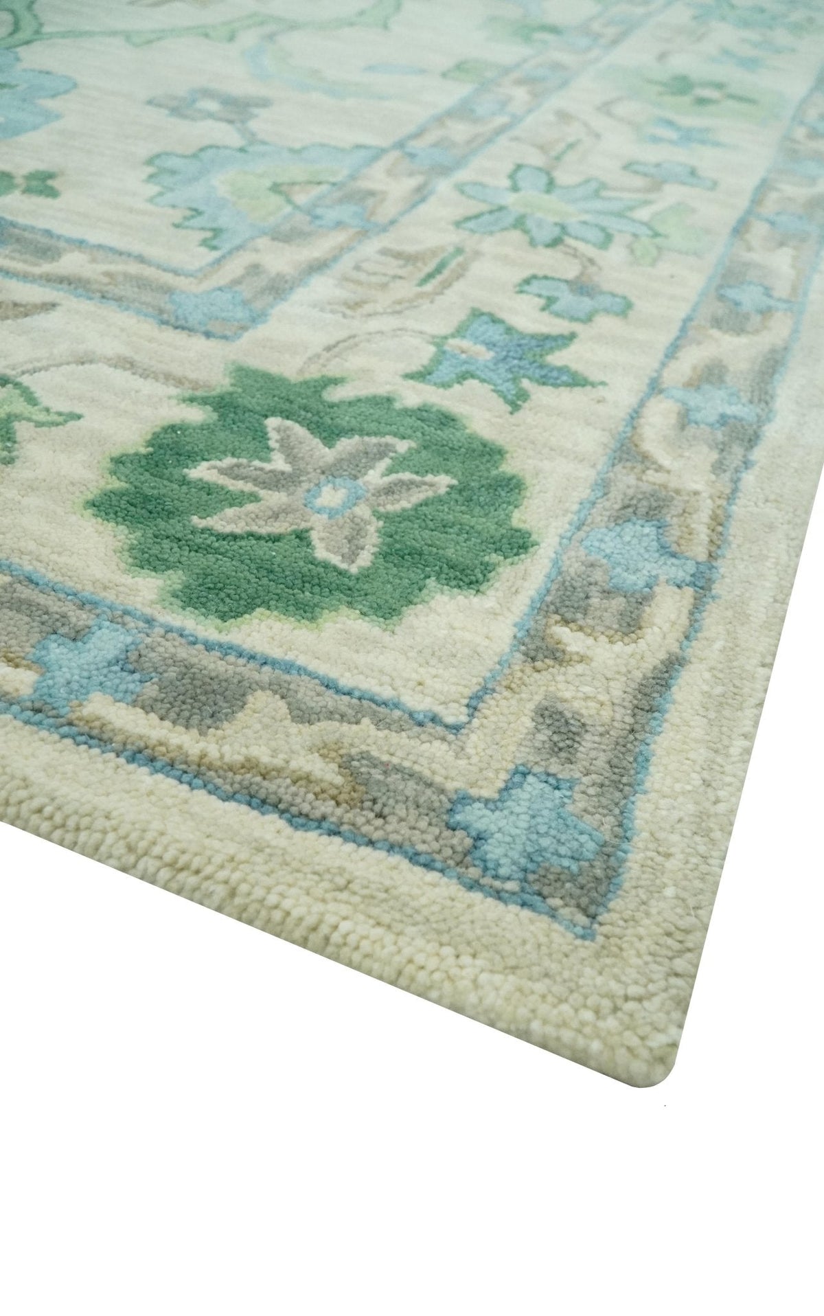 Floral Beige, Gray, Blue and Green Oriental Oushak Hand Tufted Custom Made wool Area rug.