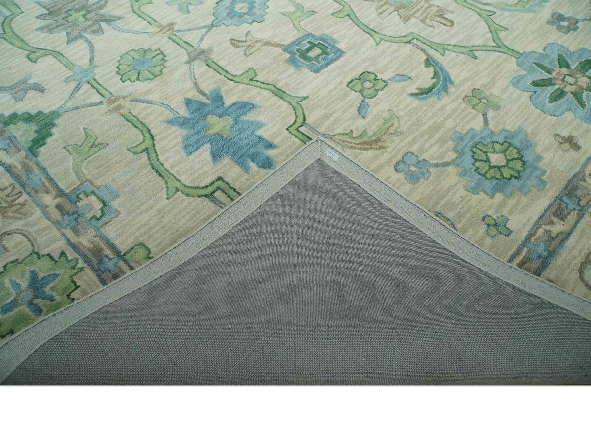 Floral Beige, Gray, Blue and Green Oriental Oushak Hand Tufted Custom Made wool Area rug.