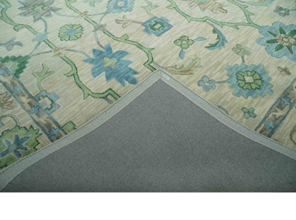 Floral Beige, Gray, Blue and Green Oriental Oushak Hand Tufted Custom Made wool Area rug.