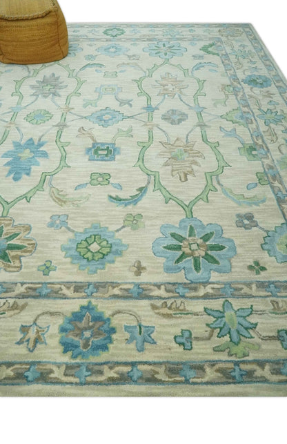 Floral Beige, Gray, Blue and Green Oriental Oushak Hand Tufted Custom Made wool Area rug.