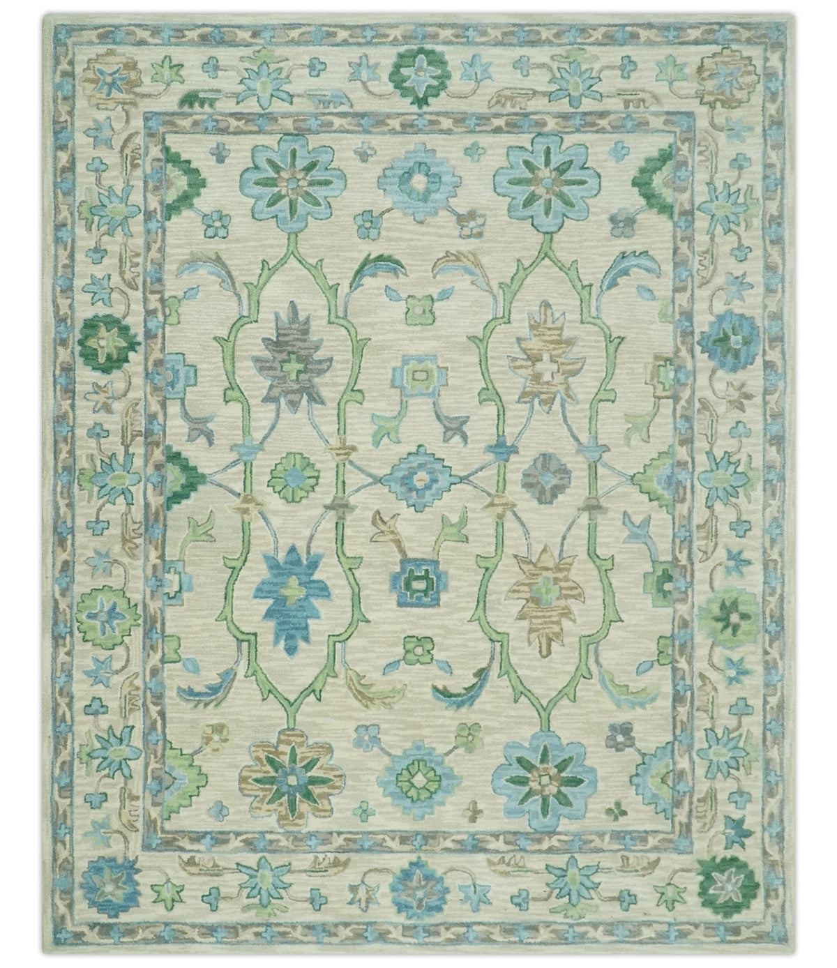 Floral Beige, Gray, Blue and Green Oriental Oushak Hand Tufted Custom Made wool Area rug.